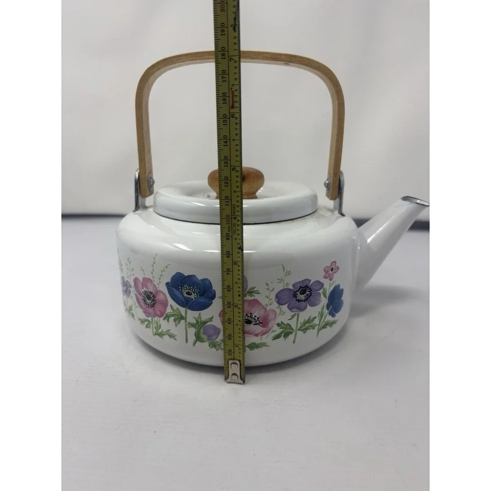 Vintage National Housewares Metal Teapot Kettle Floral Garden Bamboo 1985 Granny